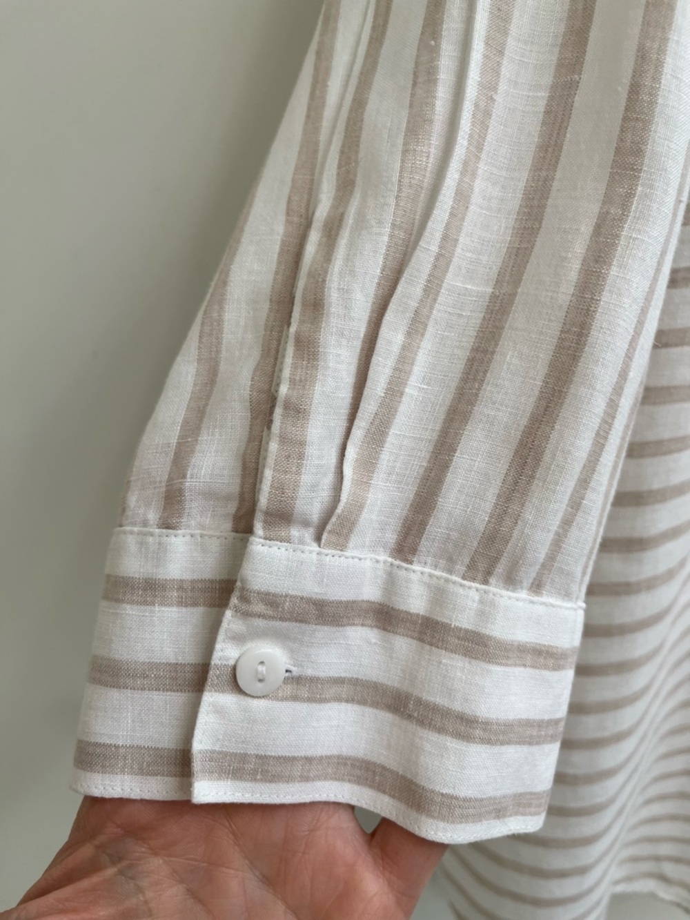 Chico's No-Iron Linen Button Front Shirt tan white stripe 3/4 sleeves 2 12/14 - Picture 10 of 14